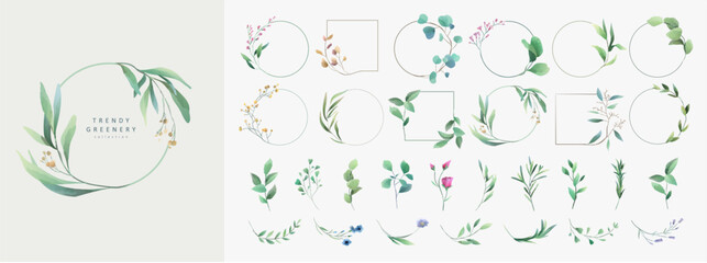 Set of floral watercolor logo elements. Wreath borders dividers, frame corners and minimalist flowers branch. Hand drawn line wedding herb, elegant leaves for invitation save the date card. Botanical