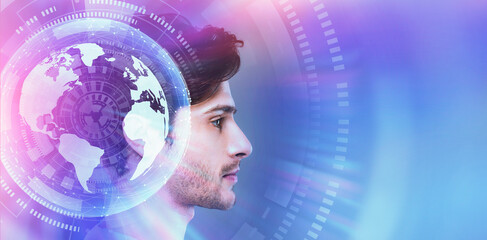 Poster - AI And ModernTechnologies. Profile of man with digital globe hologram as brain
