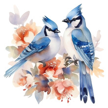 Two Blue Birds On A Branch Isolated On White Background