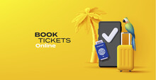 Summer Travel 3d Composition With Yellow Suitcase And Palm With Smartphone And Passport With Tropical Bird, Yellow Online Booking Poster