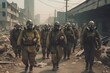 A line of soldiers marching in formation, all wearing gas masks and hazmat suits. Entering an abandoned, city that appears to have been devastated by chemical or biological weapons. Generative AI