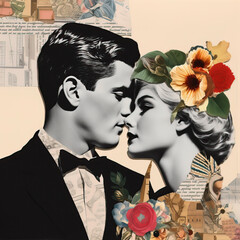 Wall Mural - Vintage collage Illustration of a couple, man and woman in a very intimate and sensual position, collage, Romance, pop art, Generative AI