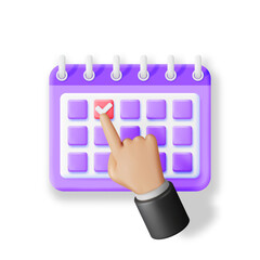 Poster - 3D Hand Putting Check Mark on Calendar Isolated. Render Calendar Icon. Schedule, Appointment, Organizer, Timesheet, Important Date. Time Management Concept. Minimal Vector Illustration