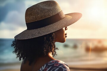 Landscape with black woman with hat, beach and sea in background, bokeh background. Generative AI