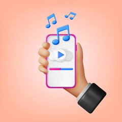Poster - 3D Hand with Music Cloud Note in Mobile Phone. Render Smartphone Streaming Music Platform Icon. Modern Music Service. Note Realistic Design. Musical Note, Sound Song or Noise Sign. Vector illustration