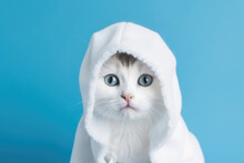 Cute Fluffy Little White Kitten Portrait. White Kitten Dressed In White Bathrobe Hood. Isolated On Blue Background With Copy Space. Generative Ai Photo Imitation. 