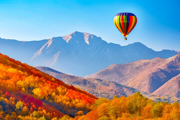 Wall Mural - Colorful hot air balloon flying over mountain range in the fall season. Generative AI.