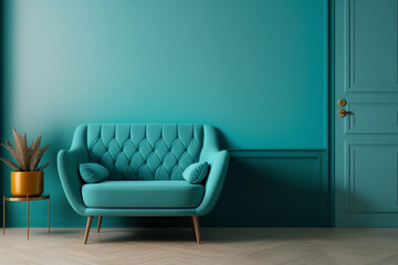 Wall Mural - Modern living room with monochrome teal blue empty wall. Contemporary interior design with trendy wall color and chair. Generative AI.