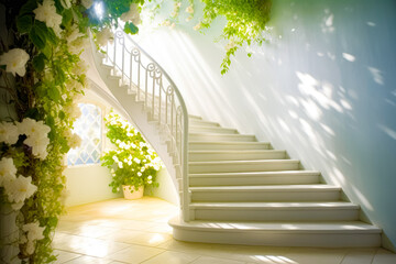 Canvas Print - Staircase leading up to window and potted plant next to it. Generative AI.