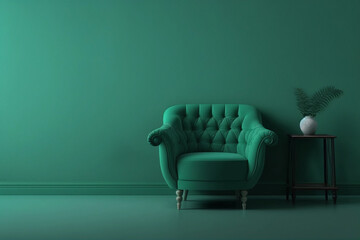 Wall Mural - Modern living room with monochrome dark emerald green wall. Contemporary interior design with trendy wall color, chair, table for mockups. Generative AI.