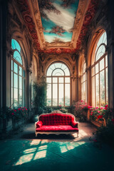 Canvas Print - Red couch sitting in front of window filled with lots of windows. Generative AI.