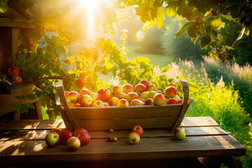 Sticker - Basket full of apples sitting on wooden table in the sun shining through the leaves. Generative AI.