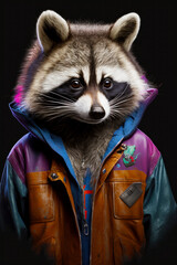 Wall Mural - Raccoon wearing leather jacket with hoodie over it. Generative AI.