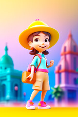 Poster - Cartoon girl with yellow hat and orange purse standing in front of building. Generative AI.