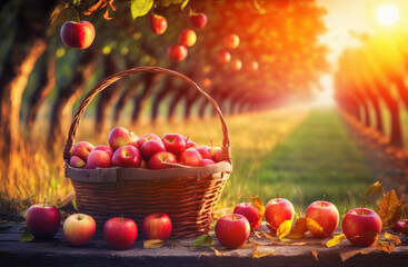 Canvas Print - Basket full of apples sitting on table next to row of trees. Generative AI.