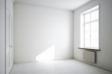 Canvas Print - Empty room with window and radiator in the corner. Generative AI.