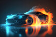 Futuristic car drift with fire created with Generative AI technology.