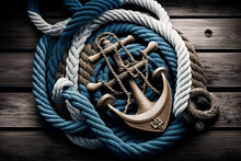 Nautical Background With Anchor And Ropes On A Weathered Deck. Travel And Adventure Concept. Created With Generative AI Technology.