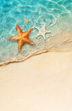 Fototapeta Do akwarium - Starfish on the sand beach in clear sea water. Summer background. Summer time .Copy space. Relaxing on the beach.
