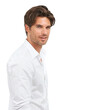 Portrait, shirt and man model standing isolated on a transparent png background. Fashion or style of attractive face, masculine with handsome young male smiling and posing with formal clothing