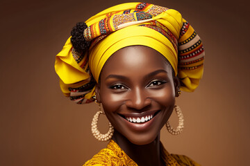 Wall Mural - Happy black woman wearing African national costume isolated on yellow background. Generative AI.