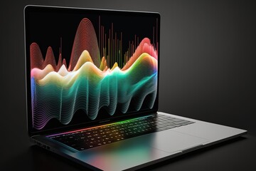 A laptop with a colorful sound wave on the screen created with Generative AI technology