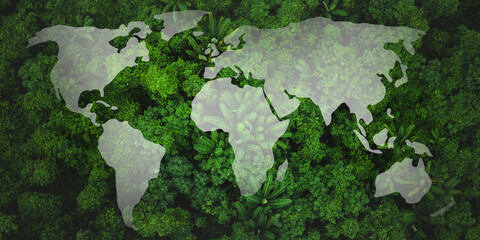 Environment concept, Environmental ecology to save clean planet concept. Earth Day banner with copy space, background of tropical forest with world map for using in green eco sustainable conservation