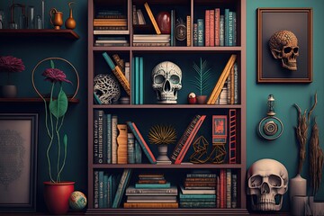 Wall Mural - a bookshelf with an eclectic mix of books and knick-knacks, created with generative ai