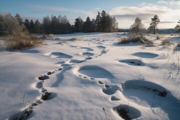 Wall Mural - snowy landscape with animal tracks and signs visible, created with generative ai