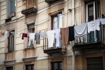 Wall Mural - clothesline with laundry hanging out a window in the city, created with generative ai