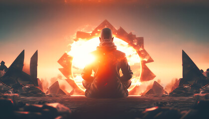 Wall Mural - yoga silhouette of human in cosmic space meditate with sun light. back view man practicing meditatio