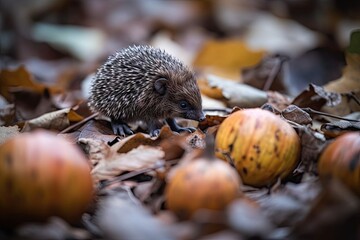 Wall Mural - baby hedgehog exploring the world among crunchy leaves and fallen acorns, created with generative ai