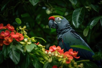 Wall Mural - a parrot sitting on a blooming flower, surrounded by lush greenery, created with generative ai