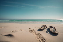 Summer Beach Vacation: Sun-soaked Abandoned Flip-flops On Sandy Shore