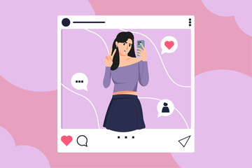 beautiful girl taking selfie in social media day. women talking, typing, chatting, listening music a