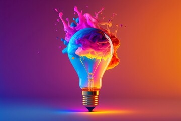 Wall Mural - bright idea and creative thinking - a colorful glowing lightbulb, visualization of brainstorming , generative ai