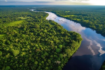 Wall Mural - aerial view of the amazonas river, with lush green foliage in the background, created with generative ai