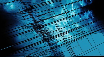 Poster - scientific, futuristic, energy concept. Digital rendering of light beams, stripes lines with blue light, speed and motion blur on a dark blue background