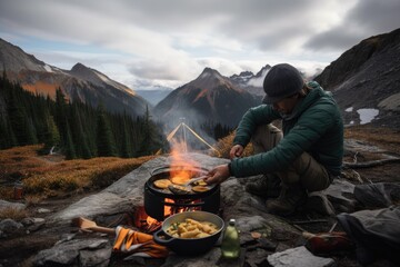 Poster - hiker cooking meal over campfire, with view of the mountain range in the distance, created with gene