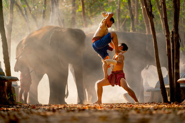 two asian men fight by traditional martial arts with one man stand on thigh of other man and action 