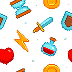 Poster - 8-bit Game icons vector seamless pattern background. Pixel icons in vintage 8 bit video game style 80s -90s. Pixel gold coin, sword and shield, heart, potion bottle, flash. Geek style backgroud design