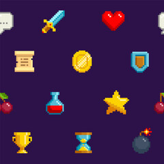 Poster - 8-bit Game icons vector seamless pattern background. Pixel icons in vintage 8 bit video game style 80s -90s. Pixel gold coin, sword and shield, heart, potion bottle, flash. Geek style backgroud design