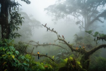 Wall Mural - rainforest, with misty morning fog and colorful birds, created with generative ai