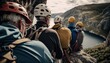 © useful pictures - view from behind, A group of six retirees rock climbing on cliff face. They wearing harnesses and helmets. seniors with instructor climbing rocks. Lake or river on background. Generative AI