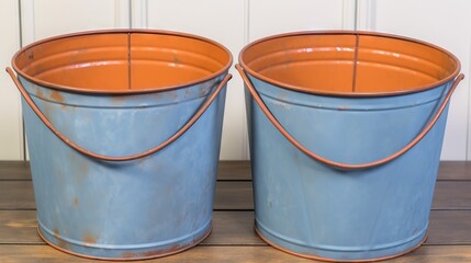  two blue buckets sitting on a wooden floor next to each other on a wooden floor with a white wall in the background and a pair of orange buckets in the middle.  generative ai