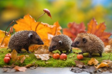 Sticker - group of baby hedgehogs exploring their surroundings, with a mix of autumn colors and greenery in the background, created with generative ai