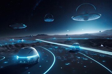 Wall Mural - autonomous vehicles and drones travel along space-themed highway with floating planets and stars in 
