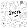 © Maryna - Doodle fitness and sport doodle elements. Line art. Set of hand drawn sport accessories on white background.