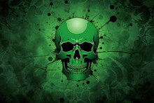 Skull With Grunge Splashes On Green Background, Generative AI
