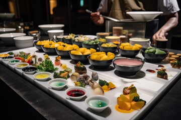 Wall Mural - plating station with different types of food and garnishes for variety, created with generative ai